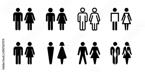 Restroom sign icons set, male and female toilet symbols in various styles, 8 pairs of black and white washroom silhouettes for public navigation