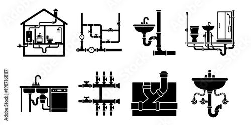 Plumbing system icons set, residential water pipe network diagrams, black silhouette house drainage and sewage infrastructure vector elements