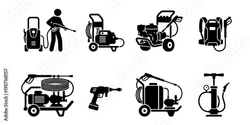 Pressure washer icon set, industrial power washing equipment silhouettes, professional cleaning machinery and high pressure sprayer vector collection