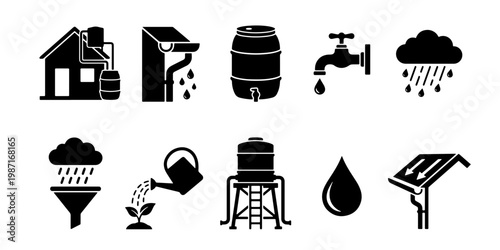 Rainwater harvesting icon set, sustainable water collection system symbols, 10 black vector elements for eco-friendly irrigation and conservation