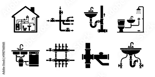 Plumbing system icons set, house water pipe network diagrams, bathroom and kitchen drainage silhouettes, 8 vector technical plumbing illustrations