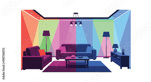 A colorful living room with a vibrant geometric patterned wall and modern furniture