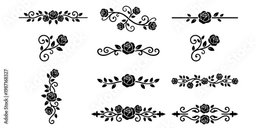 Vintage rose floral dividers set, elegant black flower ornaments and decorative scroll borders, 11 botanical vector elements for wedding stationery