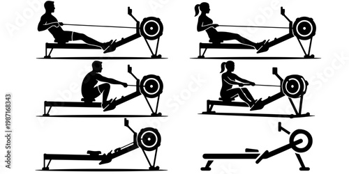 Rowing machine silhouette set, fitness exercise equipment icons, male and female athletes training on indoor rowers, gym workout vector collection