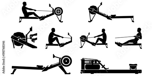 Rowing machine silhouette set, fitness indoor rower equipment icons, athlete training on gym rowing ergometer vector collection