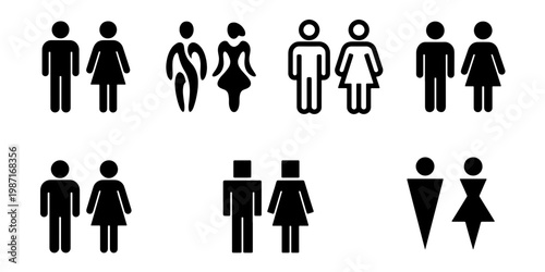 Restroom sign icons set, male and female toilet symbols in various styles, black man and woman washroom silhouettes, 7 pairs of gender icons