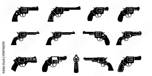 Revolver handgun silhouettes set, 13 black pistol vector icons, classic firearm weapon collection, hand gun side view and front view graphics