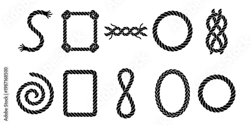 Nautical rope frames and knots collection, 10 black cord vector elements, decorative twisted twine borders and circular lasso shapes for marine design