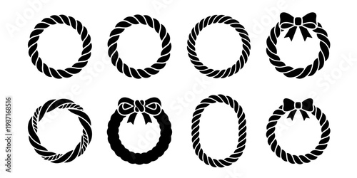 Nautical rope frame collection, 8 black twisted cord wreaths with bows, decorative circular marine borders, vector cordage knot elements for logo design