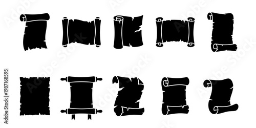 Vintage scroll silhouette set, 10 antique paper parchment icons, black medieval document vector elements for history and fantasy design
