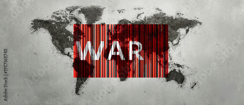 A world map in flat design features a red barcode with the text War against a gray backdrop. This artwork highlights themes of military conflicts and security concerns