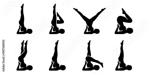 Yoga shoulder stand silhouette set, 8 female yoga poses in inversion positions, black vector icons of woman practicing sarvangasana for fitness apps