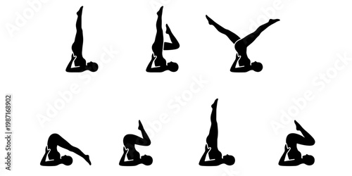 Yoga silhouette set of 7 poses, black female figures in shoulder stand and plow asanas, fitness and wellness vector icons for yoga studio branding