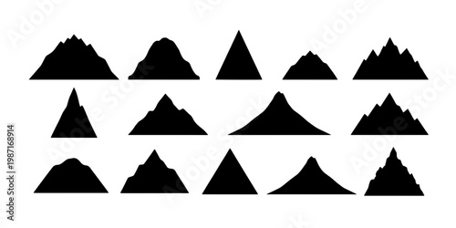 Minimalist mountain silhouette collection, 15 black peak icons for logo design, rugged nature landscape elements, outdoor adventure vector set