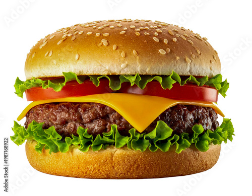 Classic beef hamburger isolated PNG, juicy burger with bun and cheese on transparent background for fast food restaurant menu design