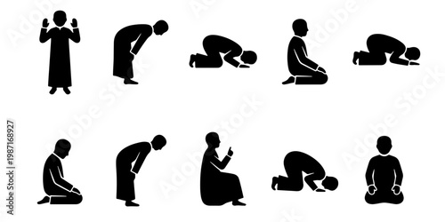 Islamic prayer positions silhouette set, Muslim man performing Salah steps vector, religious worship postures and prostration icons for Ramadan