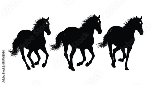 Three black silhouettes of horses running depicted in a dynamic and artistic style