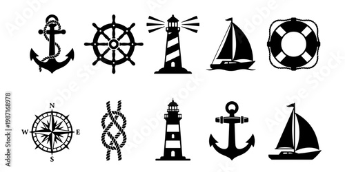 Nautical vector icons set, black maritime silhouettes of anchor and lighthouse, 10 sailing elements for ocean travel branding and marine design
