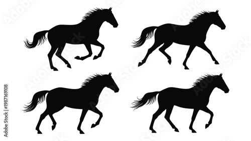 Four black silhouettes of running horses displayed in a simple graphic arrangement