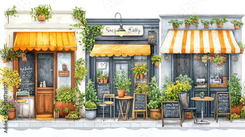 Watercolor illustration of quaint cafes with awnings, potted plants, chalkboards