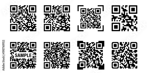 QR code vector set with 8 unique digital scan icons, black and white matrix barcodes for mobile payment and marketing, sample data matrix symbols
