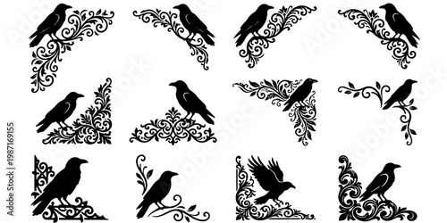 Vintage crow silhouette corner borders, gothic raven bird floral ornaments, set of 12 black decorative filigree vector elements for invitations