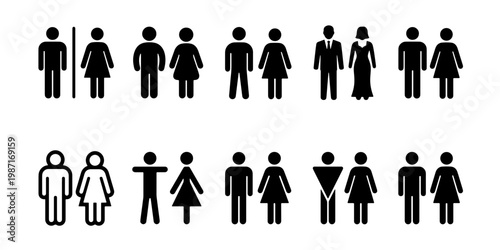 Restroom sign icons set, male and female toilet symbols, black gender silhouettes for washroom navigation, bathroom door signage vector collection