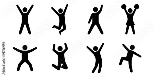 Happy people jumping and celebrating icons, set of 8 black stick figure silhouettes, cheering human pictograms for success and joy