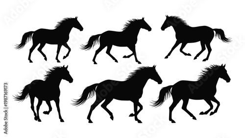 Silhouette collection featuring six horses in various dynamic poses and stances