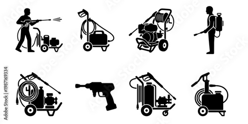 Pressure washer icons set, professional power washing equipment silhouettes, industrial cleaning machine vector collection for maintenance services