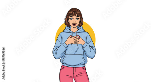 Grateful young woman in a blue hoodie and pink pants standing with her hands on her chest against a yellow circle on a white background.