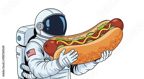 Humorous illustration of an astronaut in a white space suit holding a massive, fully loaded hot dog with mustard and pickles in space.