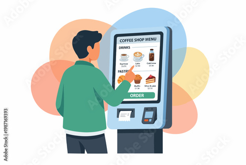 Man Using Self Service Kiosk to Order Coffee and Food