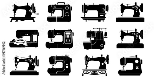Vintage and modern sewing machine icons set, 12 black silhouette vector elements, antique tailoring equipment and professional dressmaker tools
