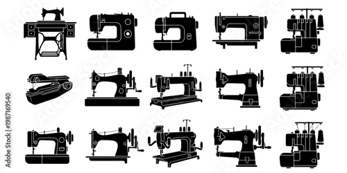 Vintage sewing machine icons set, 15 black silhouette vector elements, antique tailoring equipment and modern overlock machines for dressmaking