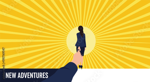 First person perspective of a hand reaching out towards a businesswoman walking into a bright yellow sunburst background for new adventures.