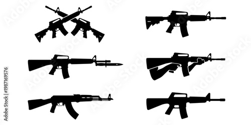Military assault rifle silhouettes set, collection of 7 firearm vector icons, automatic weapon and carbine symbols for tactical design