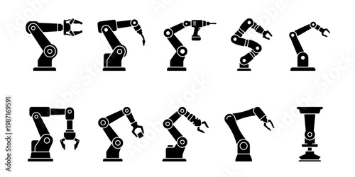 Industrial robotic arm icons set, 10 black silhouette factory automation vectors, mechanical manipulator machinery for manufacturing and engineering