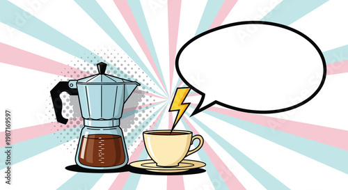 Classic moka coffee pot and a steaming cup on a saucer are energized by a lightning bolt with a large empty speech bubble for messages.