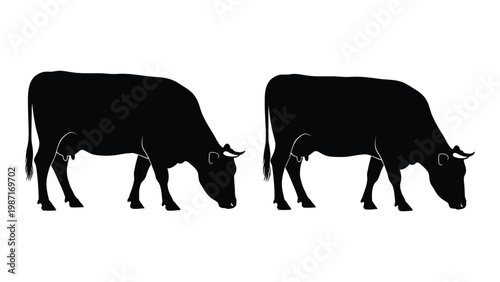 Two black silhouettes of cows grazing in a field depicted in a minimalist style