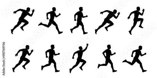 Running man silhouette collection, set of 10 athlete sprinting poses, male runner motion sequence vector, sports and fitness activity icons