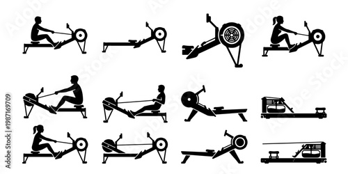 Rowing machine silhouette icons set, fitness equipment vector collection, people exercising on indoor rowers, gym workout and cardio training graphics