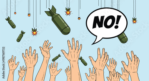 Numerous hands are reaching upwards towards falling bombs in the sky while a large speech bubble displays the word no in a protest message.