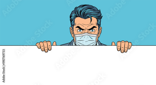 Intense man wearing a blue surgical face mask is peering over the edge of a large blank white wall against a bright blue background.