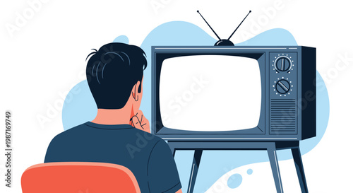 Rear view of a man sitting in a chair and watching a vintage television set with a blank white screen against a light blue background.