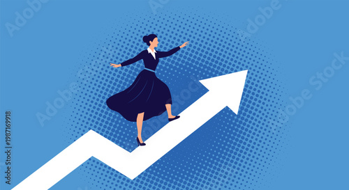 Confident businesswoman in a dark dress is steadily walking upwards along a large white rising arrow on a blue halftone background.