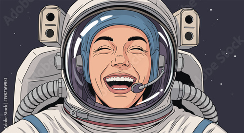 Joyful female astronaut in a full space suit is laughing heartily while floating in space against a dark starry background with planets.