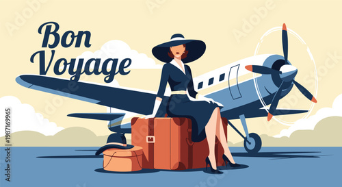 Elegant woman in a vintage dress and hat sits on a brown suitcase in front of a propeller plane with the text bon voyage above.