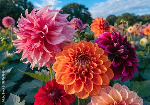 Mix of dahlia flowers in full bloom in an outdoor field with botanical colorful seasonal