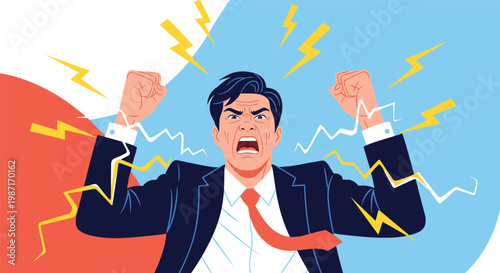 Furious businessman is screaming in anger with his fists clenched while surrounded by bright yellow and white lightning bolts.